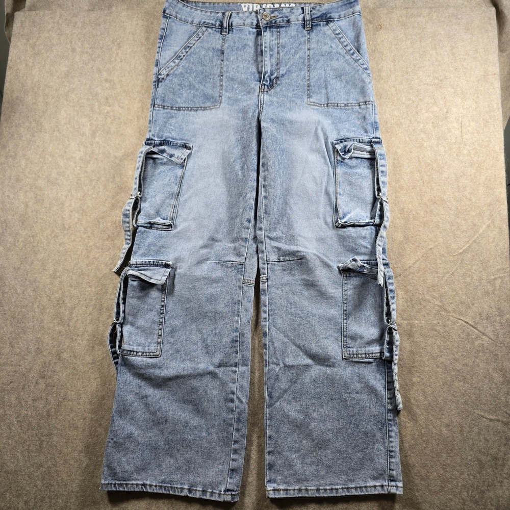 VIP Jeans Womens Light Wash Wide Leg Cargo Denim Multi Pocket Pants Size 15/32